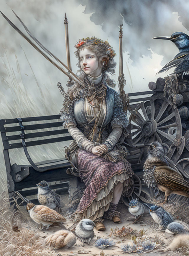 Regal woman in intricate armor with longbow surrounded by birds and wooden cart in high grass