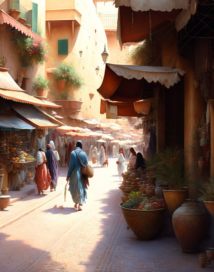 Traditional Moroccan Alley with Clay Pots & Ornate Buildings