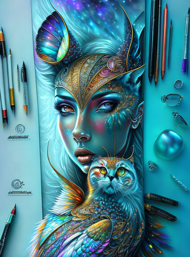 Vibrant digital artwork of woman with cat-like features and mystical helmet