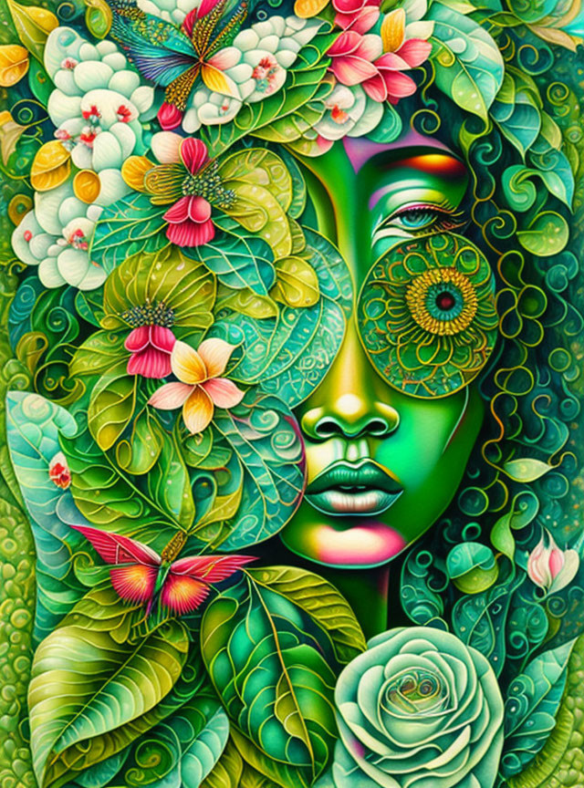 Colorful artwork blending woman's face with nature elements like leaves, flowers, and butterflies