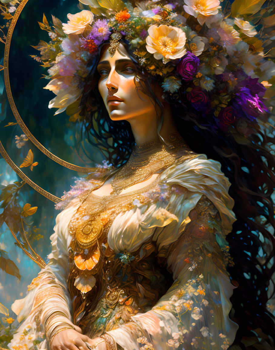 Illustrated woman with floral crown and golden jewelry against detailed ethereal backdrop