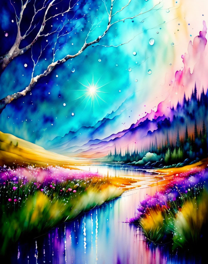 Colorful starry night sky painting with reflective river and pine trees