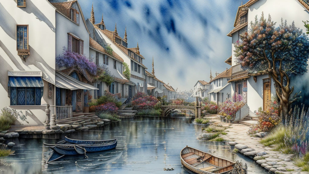 Tranquil canal with white houses, blooming flowers, and moored boats