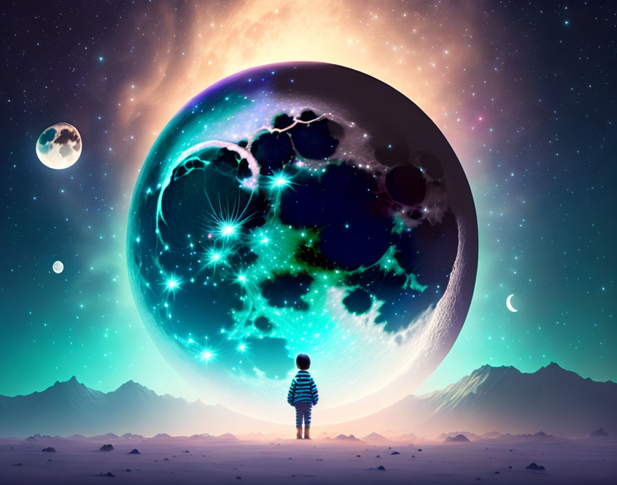 Child observing surreal cosmic scene with celestial bodies and starry sky.