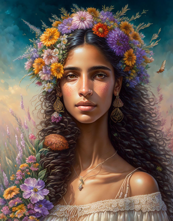 Woman with floral crown in serene natural landscape.