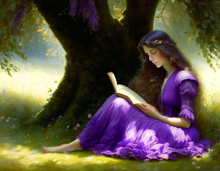 Woman in flowing purple dress reading book under tree in sunlit glade