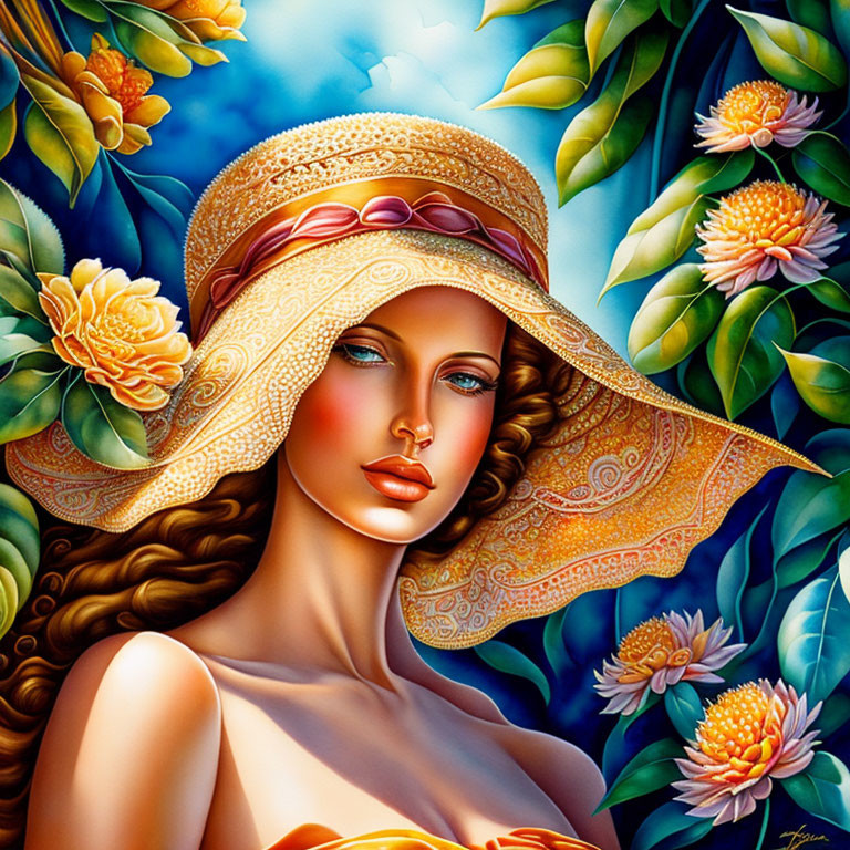 Woman with flowing hair in wide-brimmed hat surrounded by vibrant blue foliage and yellow flowers