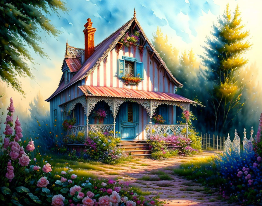 Charming cottage with striped awnings and blooming flowers