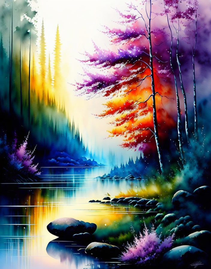 Serene lake scene with colorful trees in misty forest