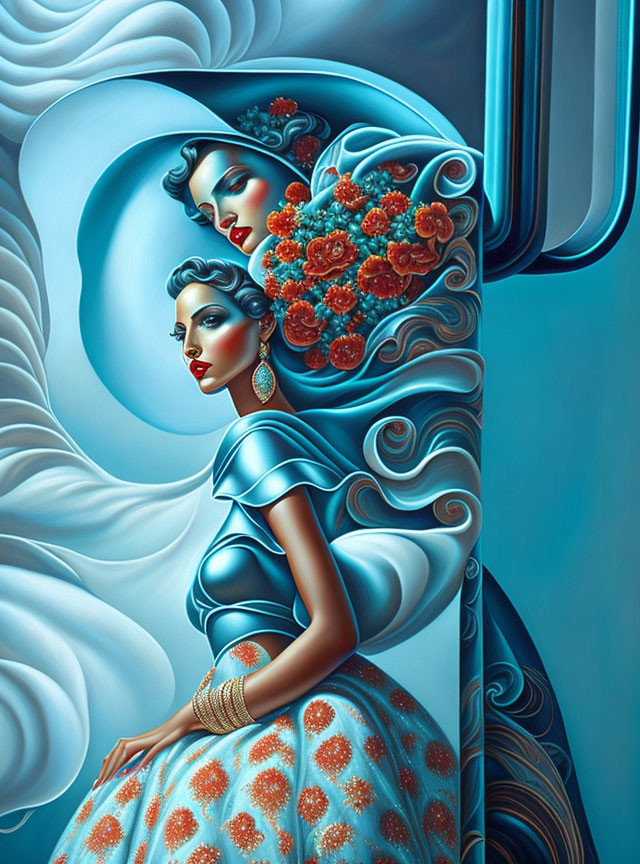 Stylized art nouveau women with flowing hair in blue dresses on surreal blue background