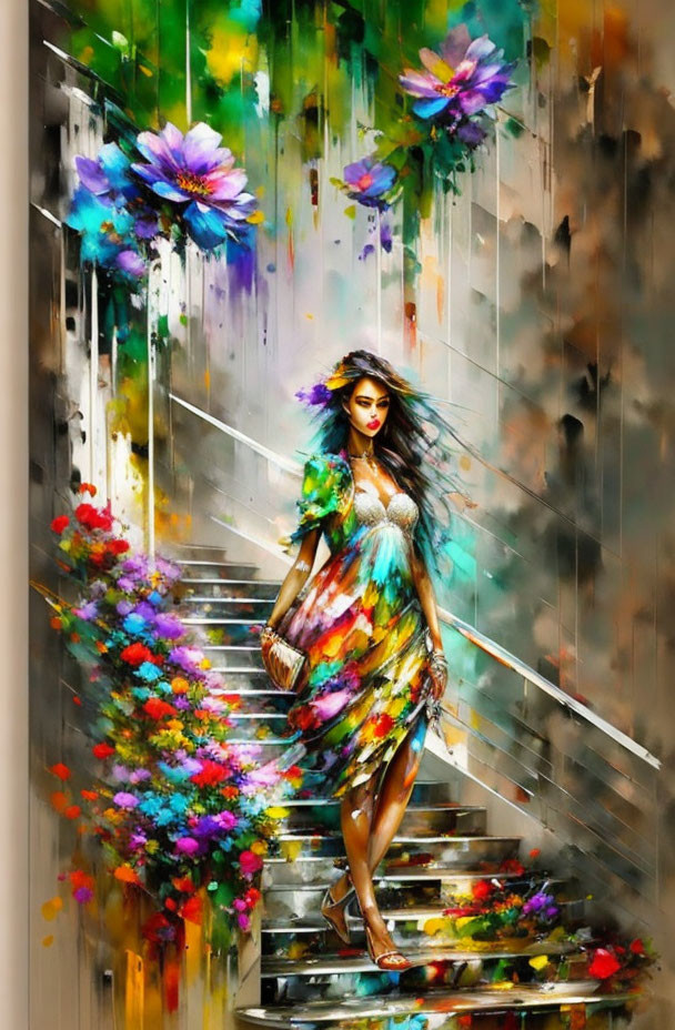 Colorful Painting of Woman Descending Staircase surrounded by Flowers