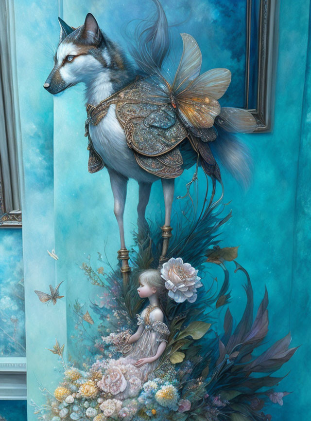 Whimsical artwork of winged husky with tiny human among flowers