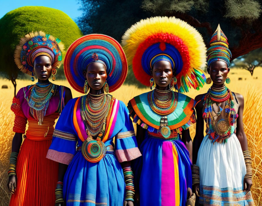 Four women in traditional African attire and beaded jewelry against tree backdrop