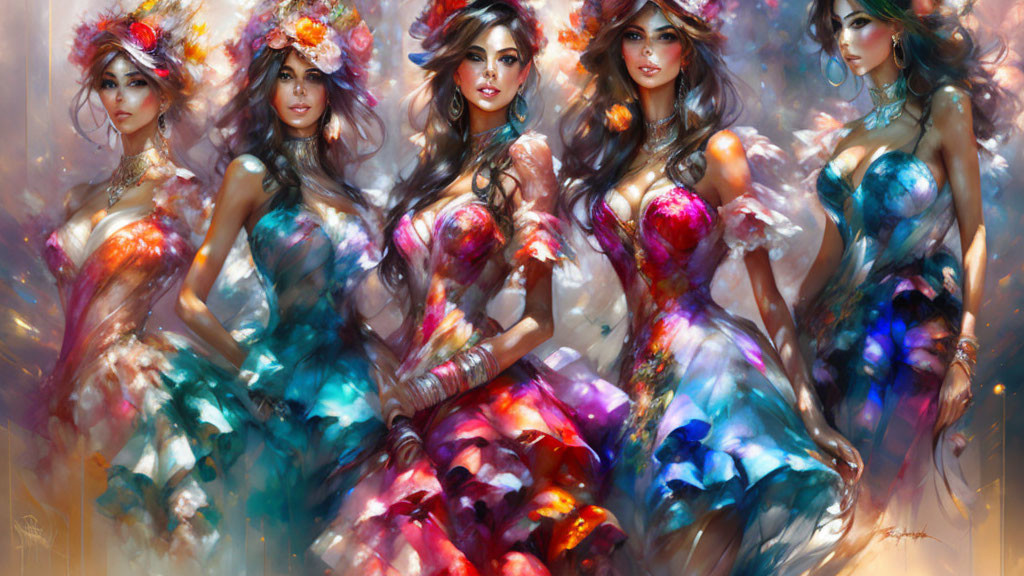 Ethereal women in floral headpieces in vibrant art style