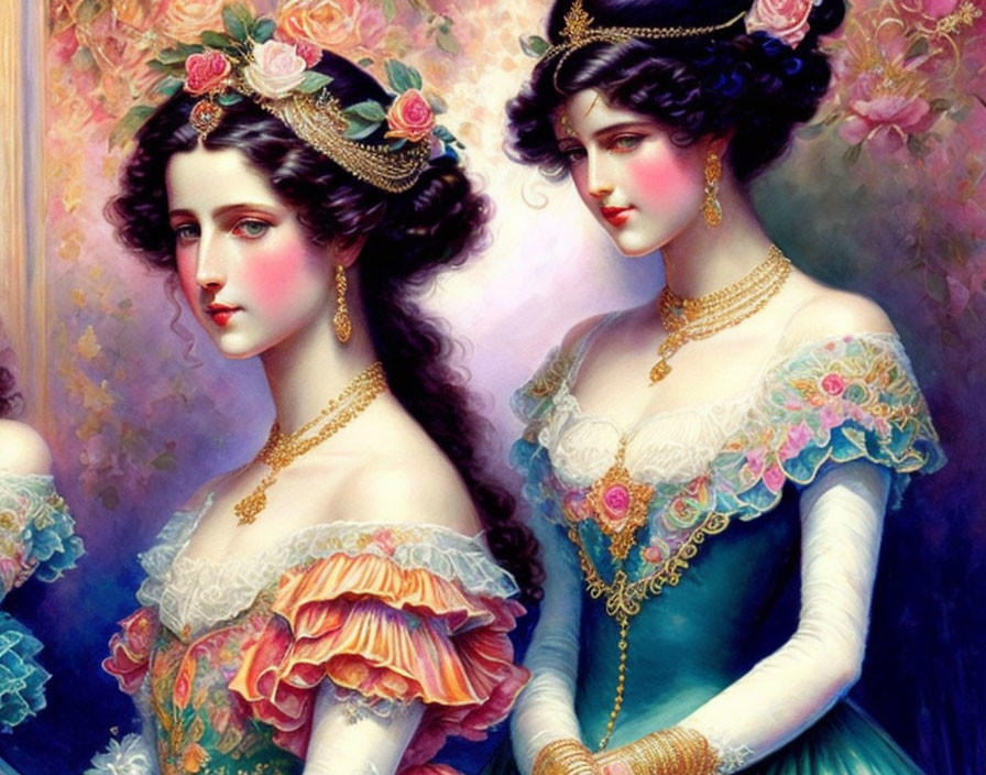 Victorian-style dressed women with roses, ornate jewelry, styled hair