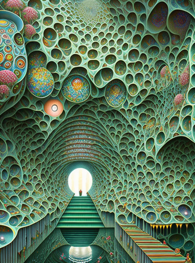 Colorful surreal artwork: Tunnel structure with vibrant organic patterns and glowing orb