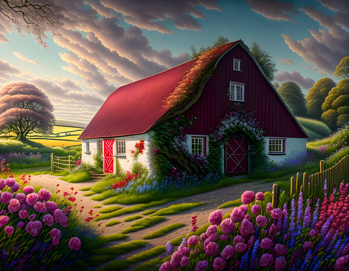 Charming cottage with red roof in garden at sunset or sunrise