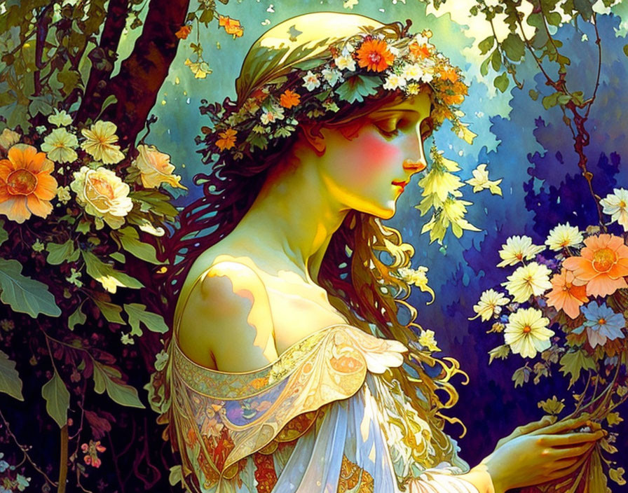 Floral wreathed woman surrounded by blooming flowers and intricate attire