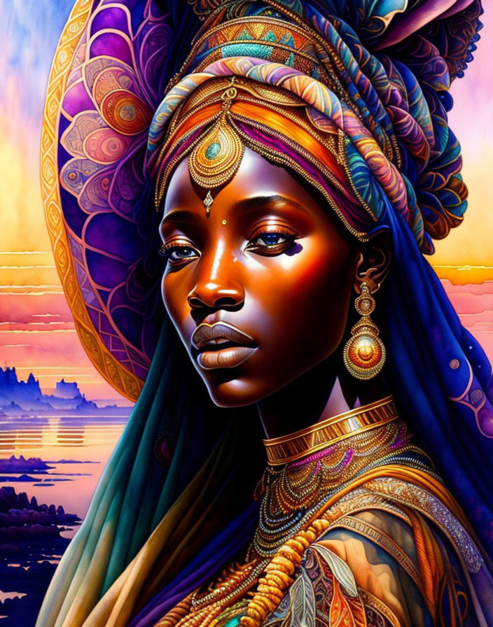 Colorful portrait of a stylized woman with intricate headwear and jewelry in a vibrant sunset setting