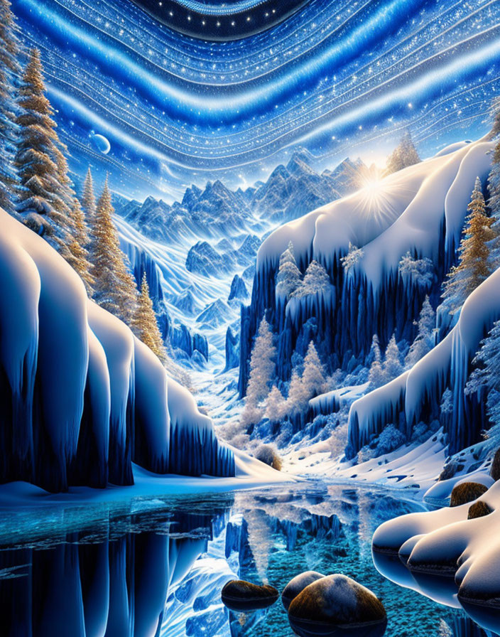 Snow-covered trees and mountains in a winter landscape with a reflective lake and starry sky