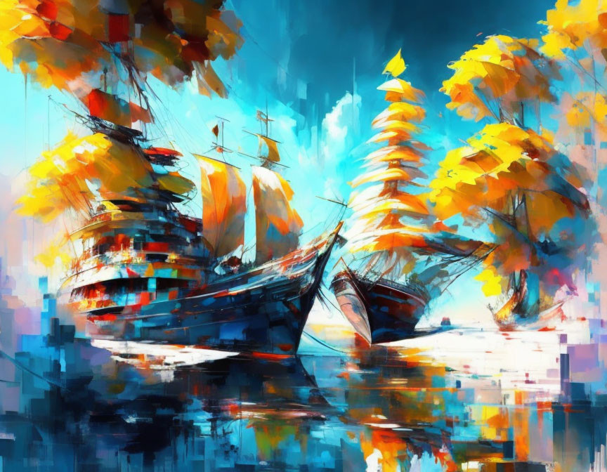 Impressionistic digital painting of tall ships and autumn trees on calm waters