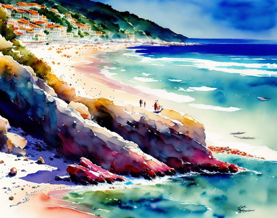 Scenic watercolor painting of seaside with rocky shore and coastal town