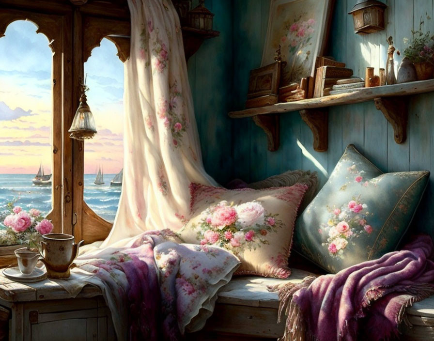 Seaside bedroom with plush bed, floral pillows, draped curtains, and ocean sunset view.