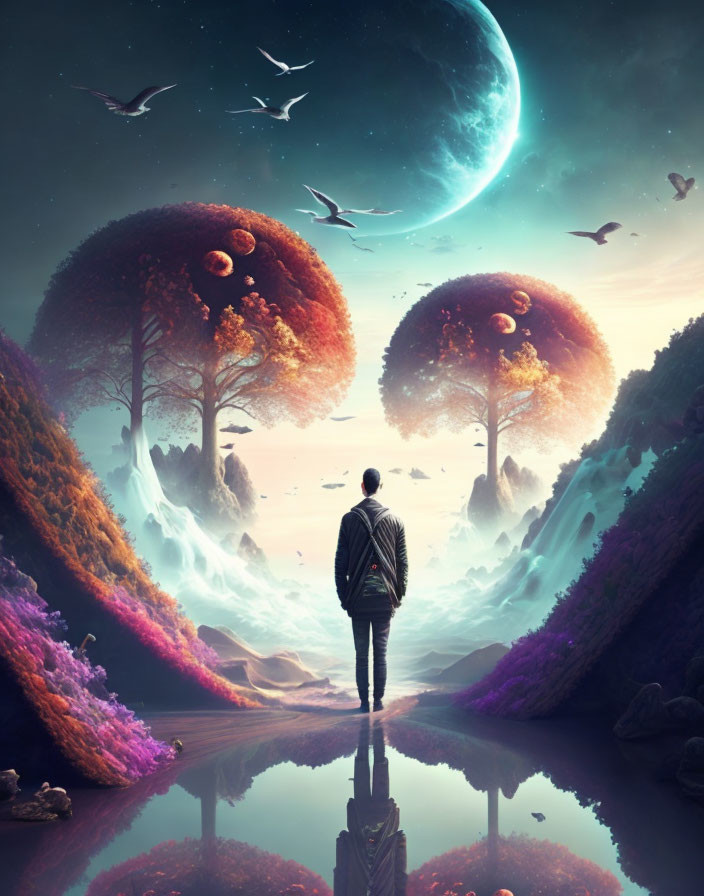 Person Contemplating Surreal Moonlit Landscape with Oversized Mushrooms