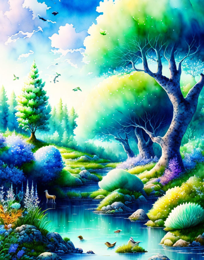 Colorful Fantasy Landscape with River, Deer, and Birds