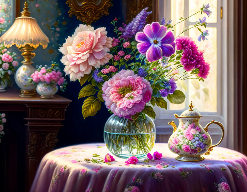 Colorful Flower Bouquet and Teapot on Table with Floral Tablecloth and Sunlit Window