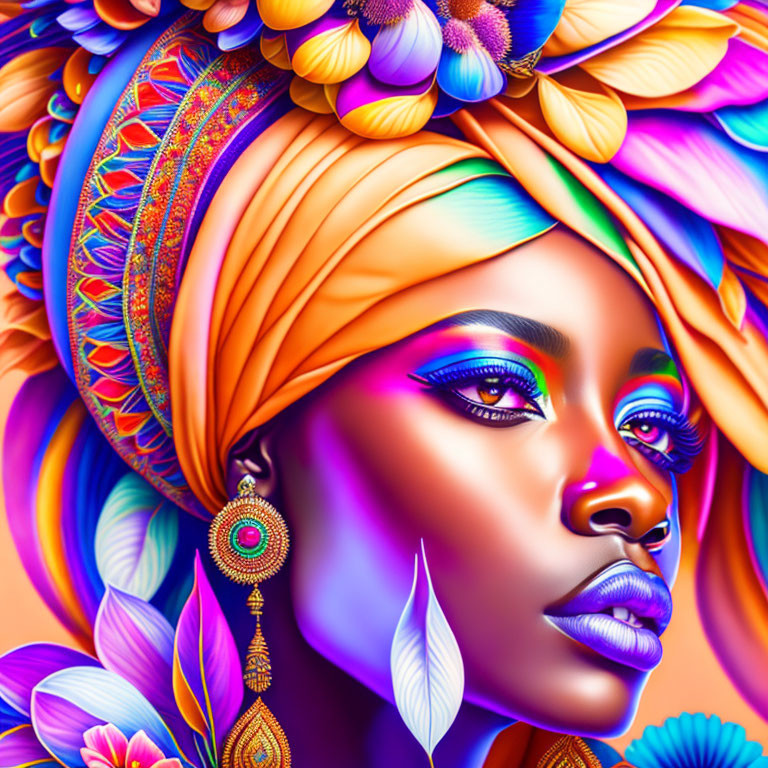 Colorful digital portrait of a woman with floral head wrap and intricate makeup