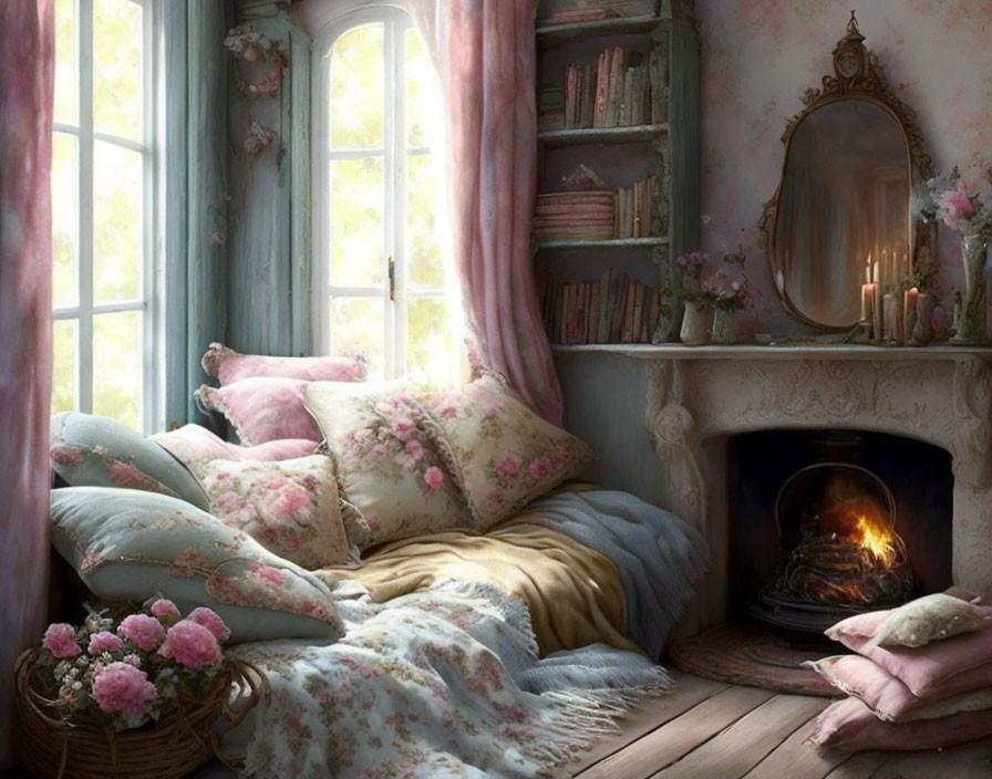 Vintage room with fireplace, plush bedding, bookshelves, and floral accents