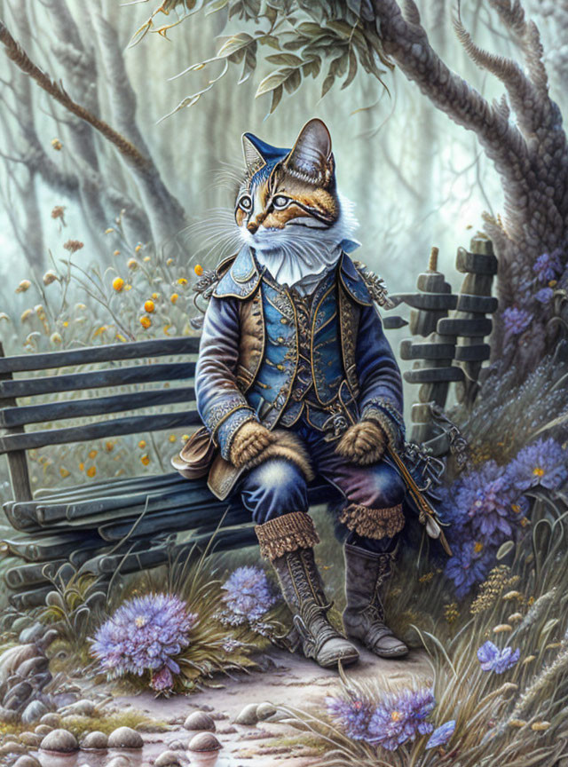 Anthropomorphic cat in 18th-century attire amidst lush forest setting