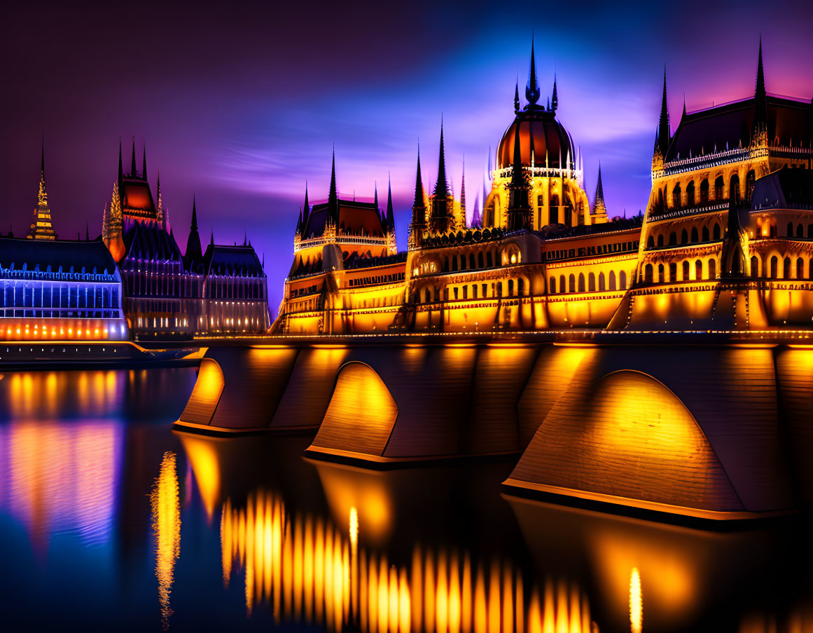 Gothic Parliament Building Night Scene with Bridge and Reflective Water