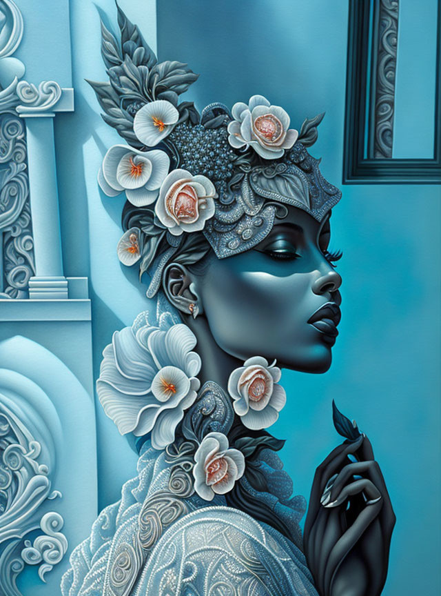 Stylized portrait of woman with blue tones and floral headdress