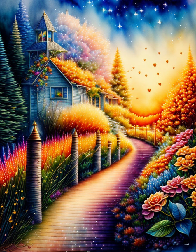 Colorful digital artwork: whimsical path to cottage under starry sky