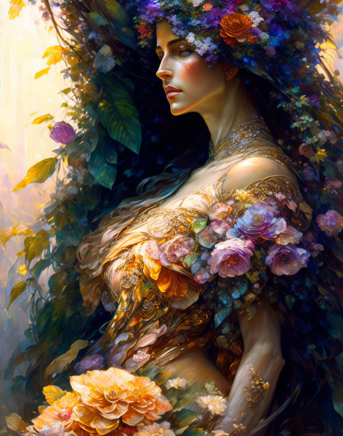 Portrait of Woman Adorned with Vibrant Flowers