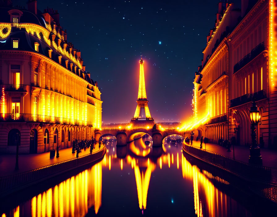 Night view of illuminated Eiffel Tower, Seine River bridge, and starry sky.