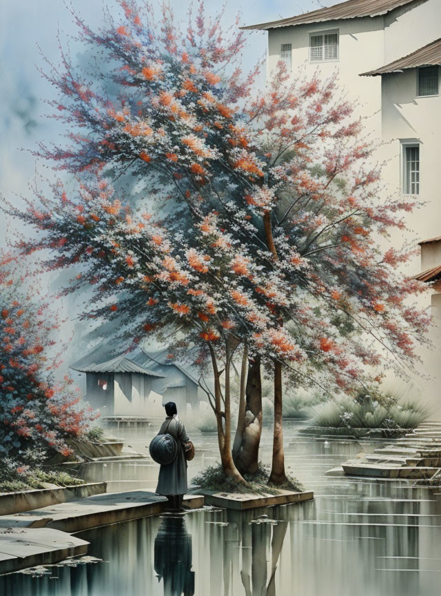 Tranquil pond with blossoming tree and traditional buildings