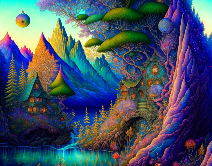 Fantasy landscape with whimsical trees, lush mountains, and serene river