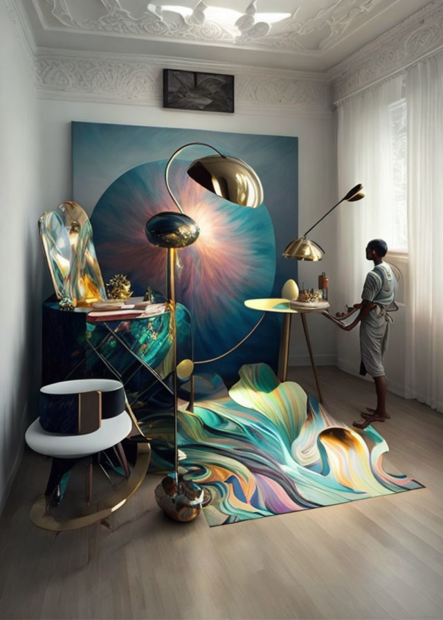 Surreal Decor with Circular Painting and Modern Art Pieces