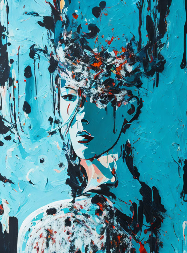 Colorful abstract painting: profile of person with blue and black splatters.