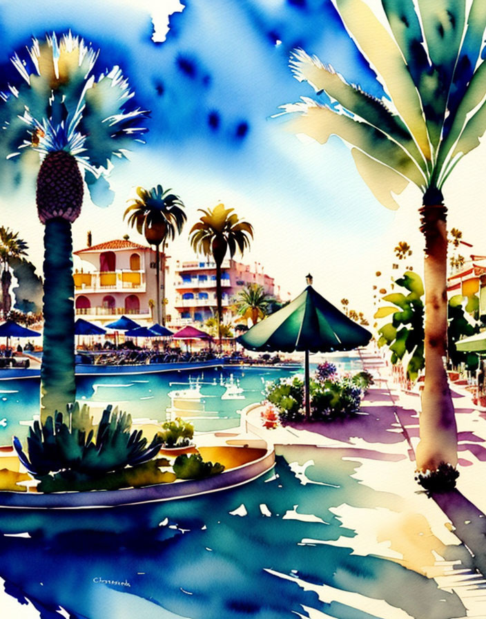 Scenic resort watercolor with palm trees and pool