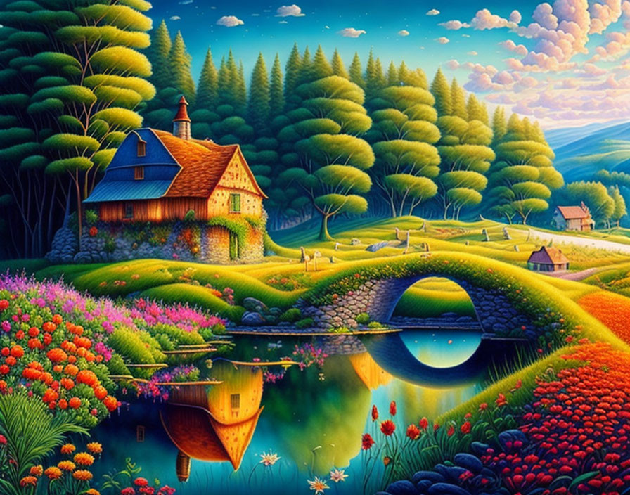 Colorful illustration of idyllic countryside with stone cottage, bridge, river, trees.