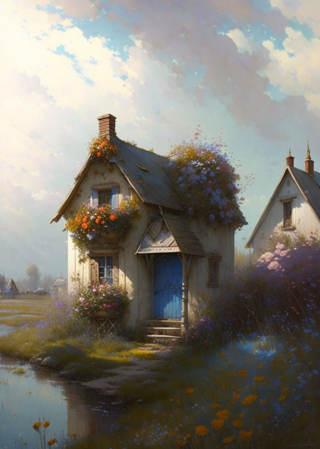 Blue door cottage surrounded by blooming flowers in serene meadow