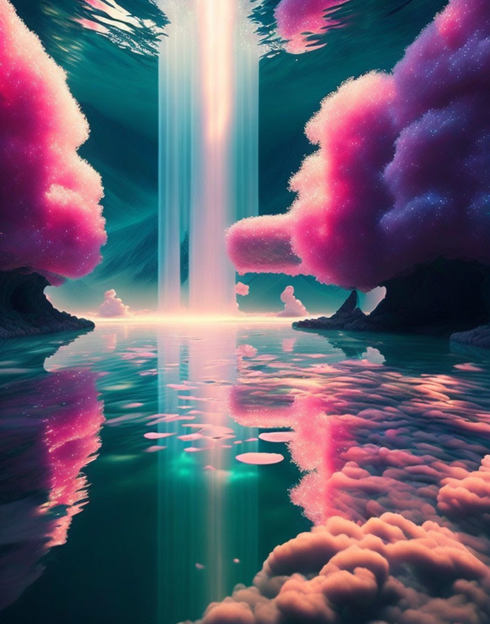 Vibrant pink clouds, reflective water, and descending light in serene fantasy landscape