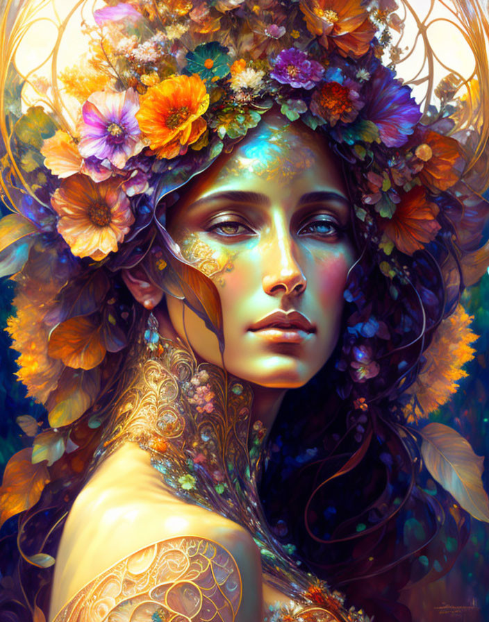 Ethereal portrait of woman with floral crown and golden tattoos on warm autumn backdrop