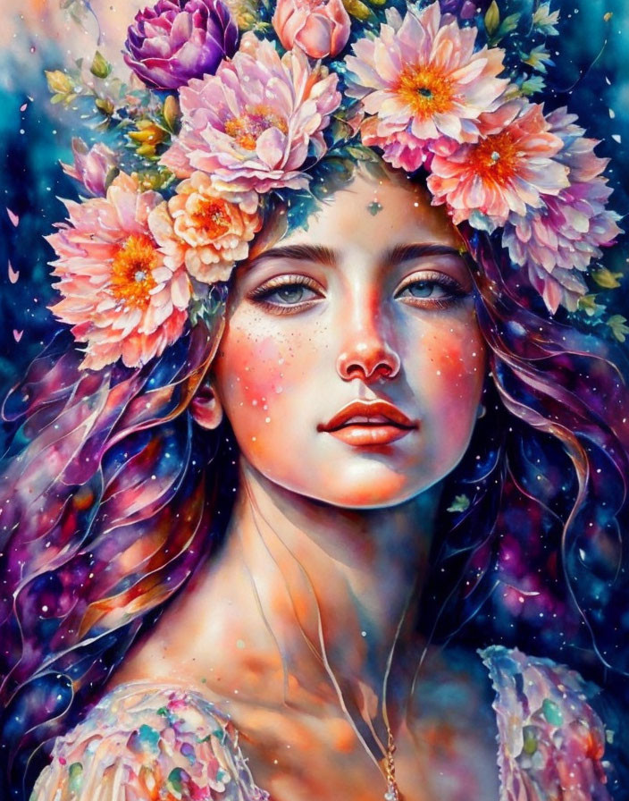 Woman portrait with floral crown, galaxy hair, freckles, and serene expression