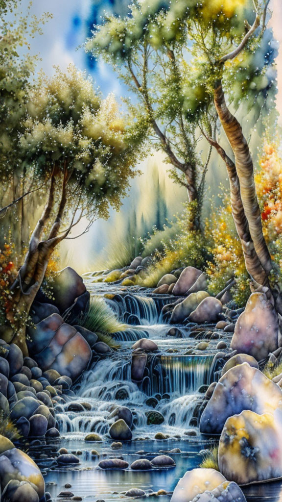 Tranquil forest scene with cascading stream and colorful foliage