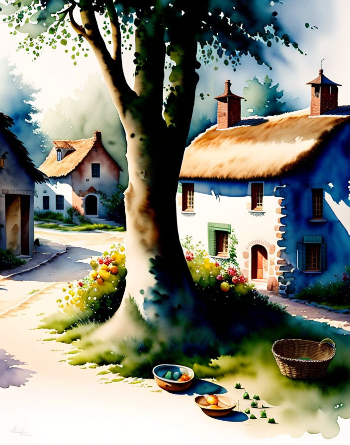 Rural village scene with thatched-roof cottages, lush greenery, and sunlit apples